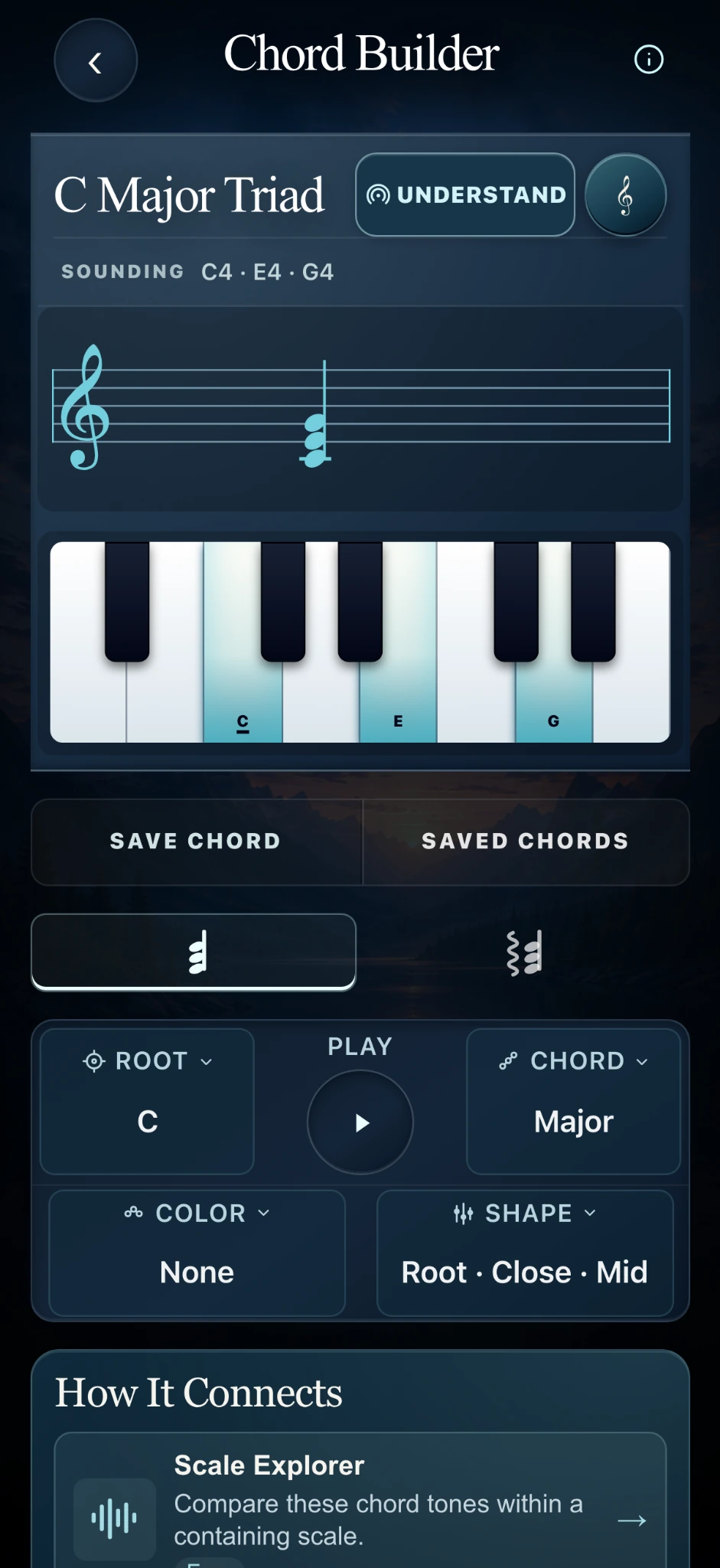 Chord Builder showing C Major Triad on the staff and keyboard