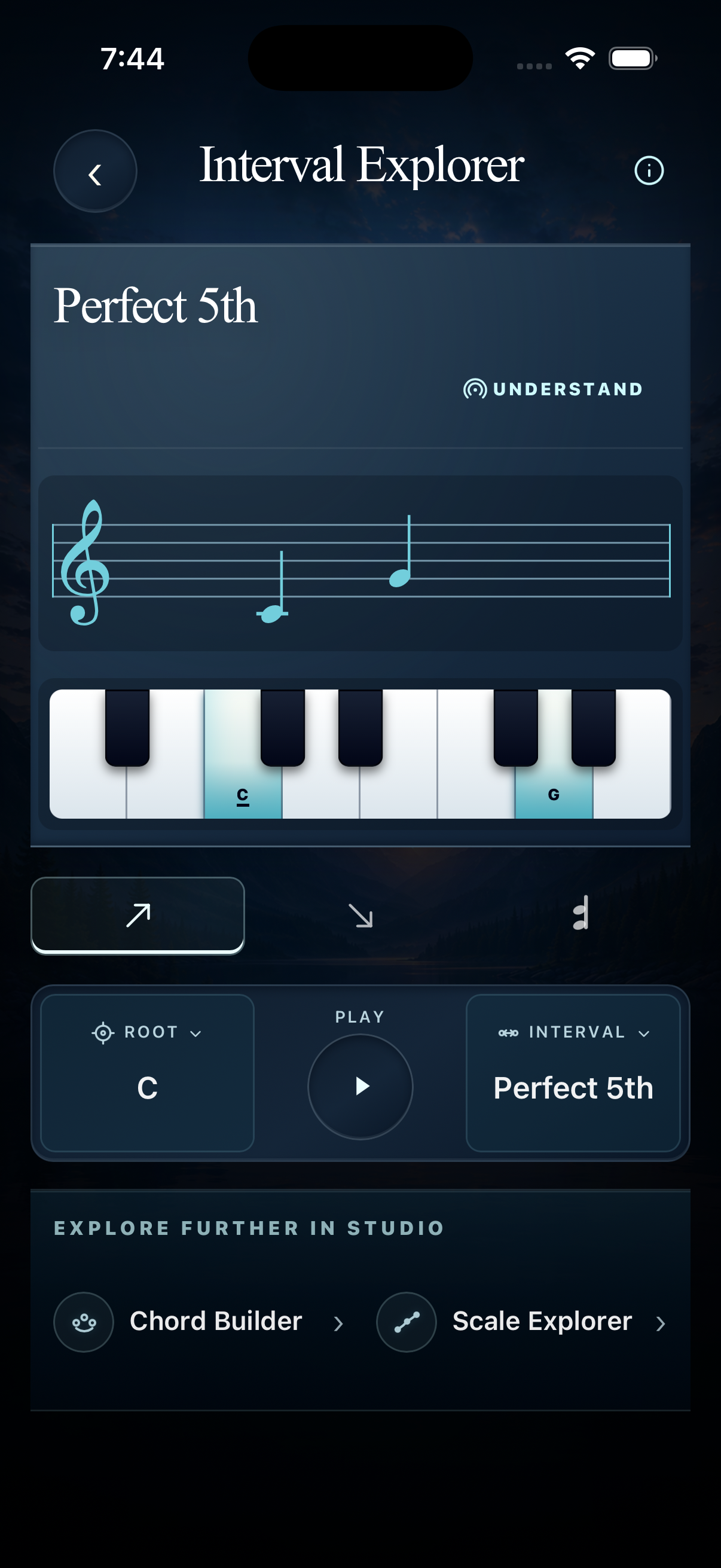 Interval Explorer showing a minor seventh with Up, Down, and Together playback options