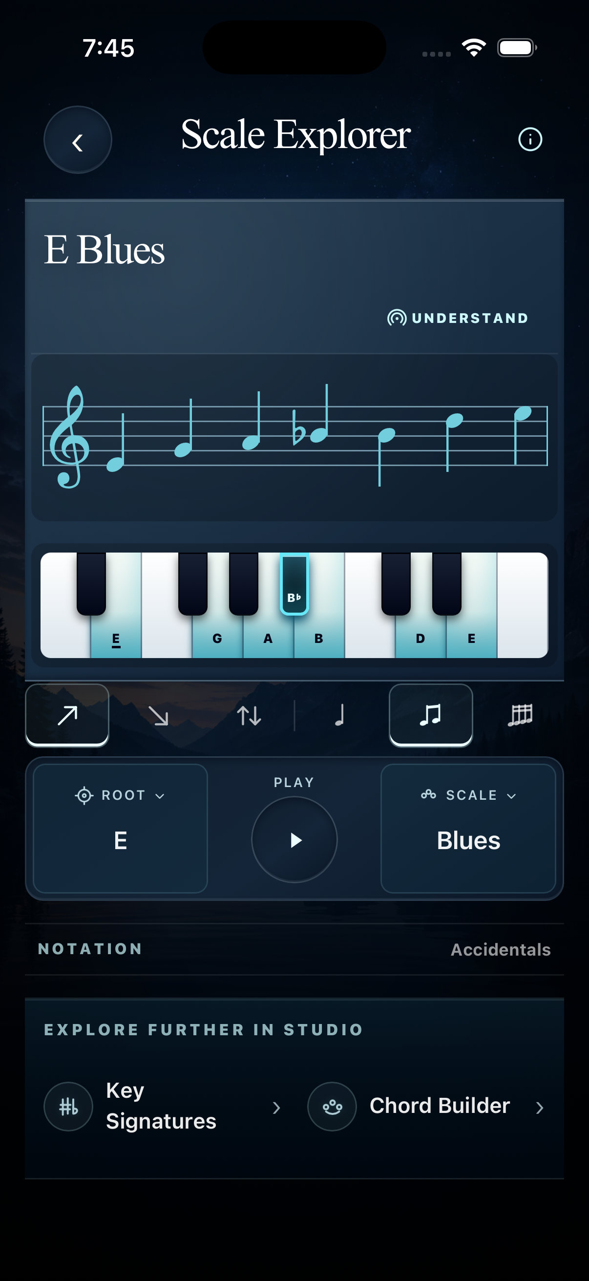 Scale Explorer showing A Mixolydian on the staff and keyboard