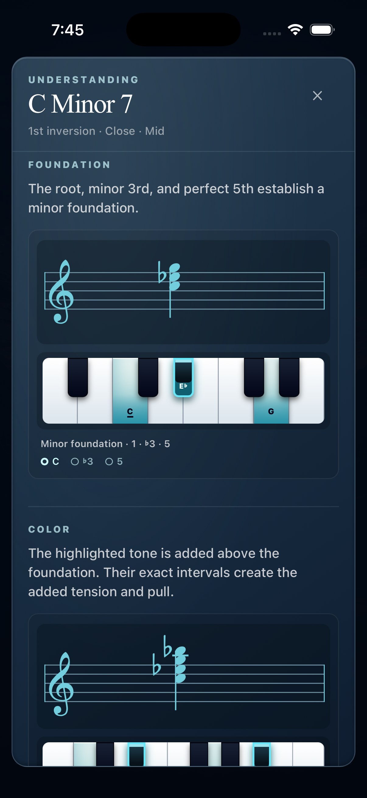 Sound Theory with minor and major sixth and seventh choices, staff notation, and a highlighted keyboard